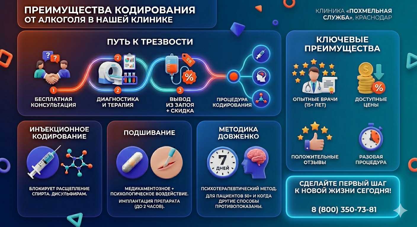 Инфографика о методах кодирования от алкоголя в Мамадыше: инъекции, подшивание, метод Довженко. Преимущества клиники и этапы лечения.